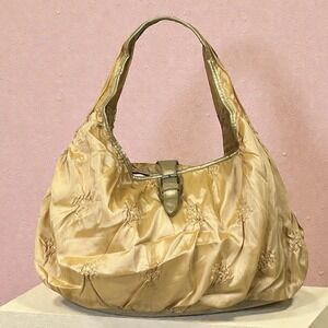 NWT Chateau Shoulder Bag Womens Gold Satin Hobo Purse Ruched‎ Metallic Evening